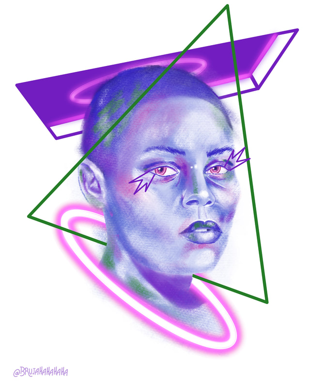 Digital drawing of a shaved headed figure from the neck up. Above the head is a portal, around the neck is a glowing circle. 