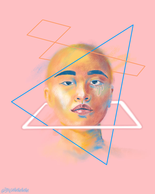 Digital drawing of a bald headed figure. The figure is facing the viewer and has geometric squares and shapes floating around it.