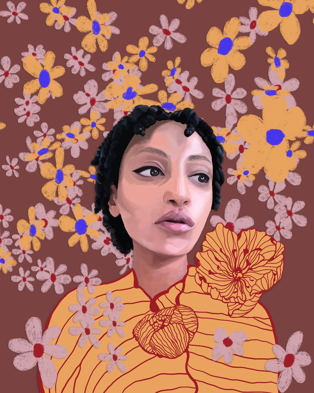 Digital drawing of a figure from the shoulders up. The person is looking away from the viewer. The person is wrapped in the leaves of a poppy flower, and simple flowers are falling from the sky.