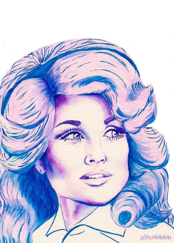 Watercolor of Dolly Parton in a palette of pinks, purples, and blues.